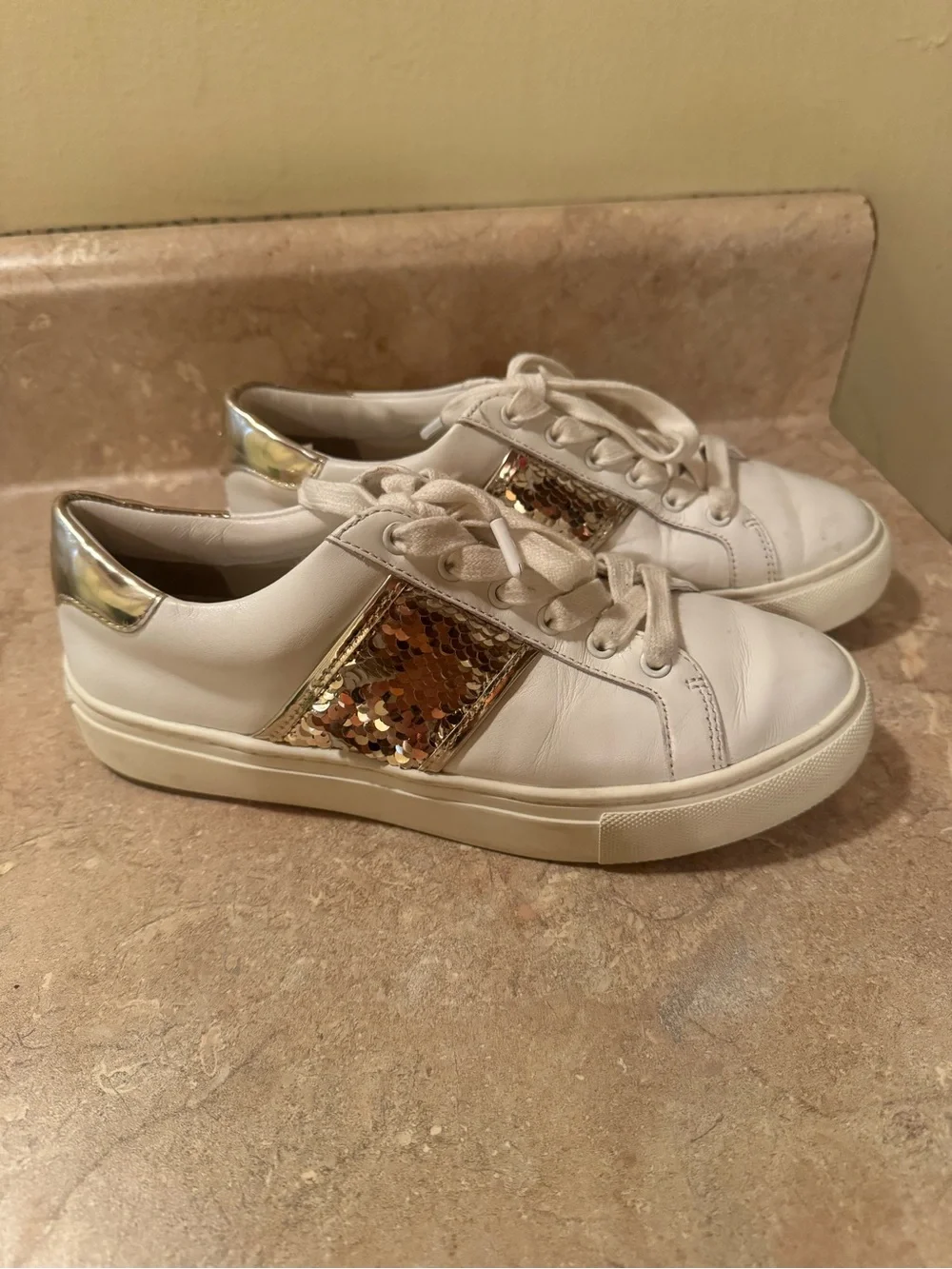 Tory Burch Carter White Leather Gold Sequin Sneakers Size 6.5